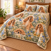 Cocker Spaniel Wildflower Meadow Quilt Set, low side-angle bedroom view