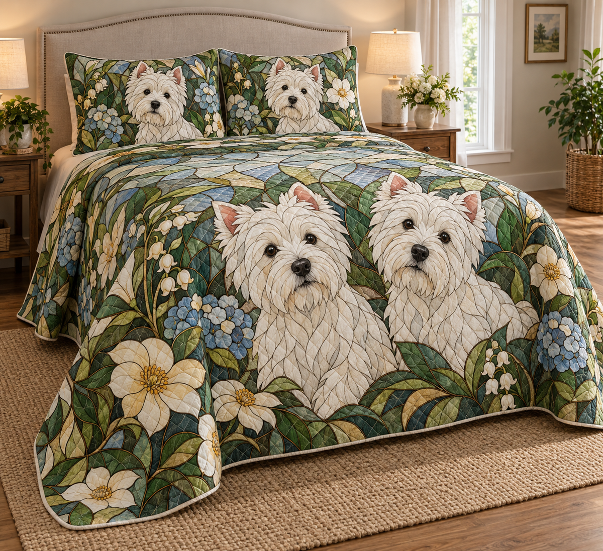 West Highland White Terrier Garden Stained Glass Quilt Set, low side-angle bedroom view
