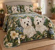 West Highland White Terrier Garden Stained Glass Quilt Set, low side-angle bedroom view