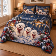 Bichon Frise Starlit Christmas Forest Quilt Set, low side-angle bedroom view