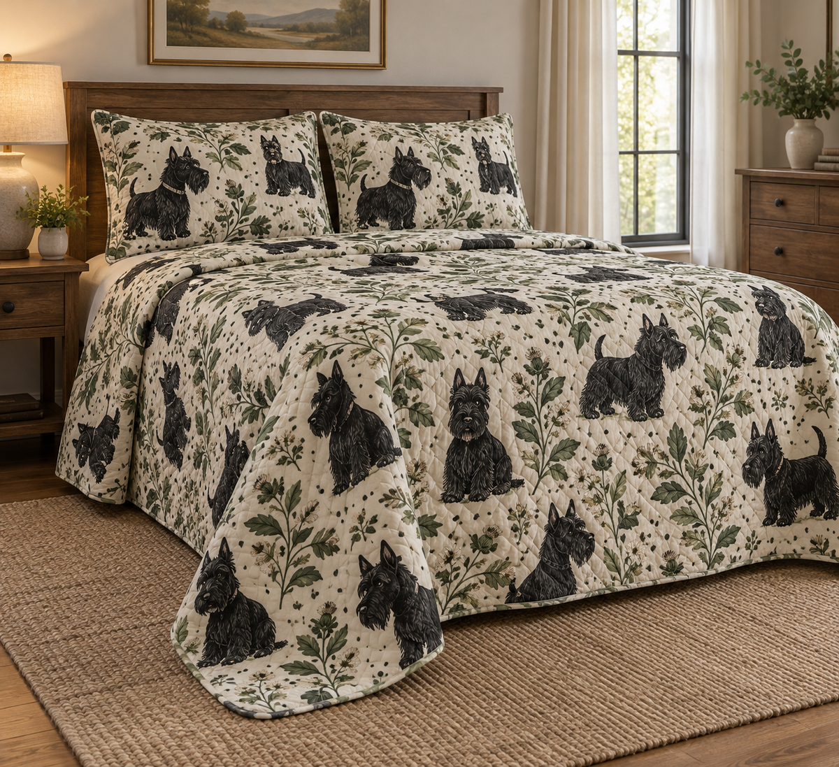 Scottish Terrier Spotted Botanical Quilt Set, low side-angle bedroom view