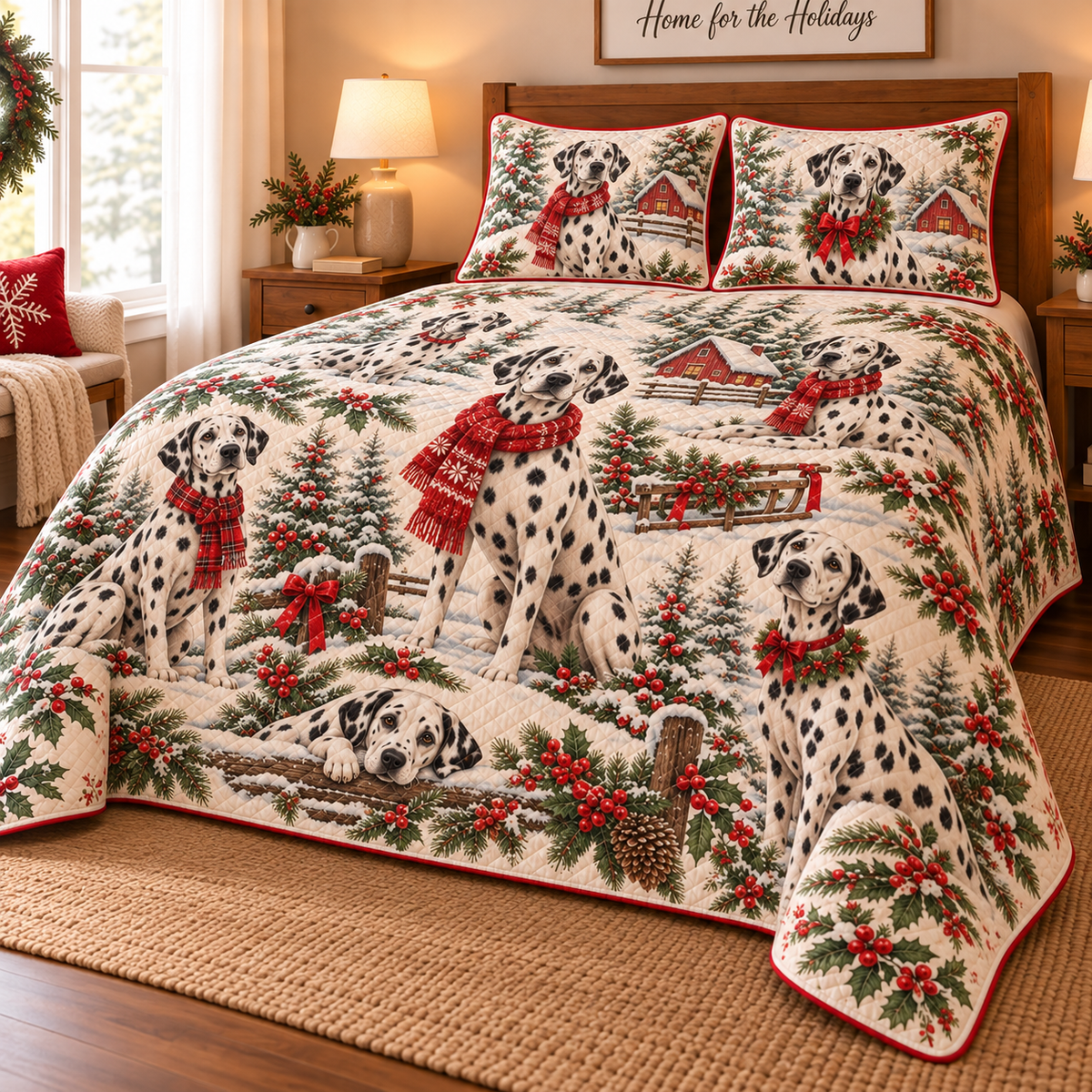 Dalmatian Vintage Postcards Christmas Quilt Set, low side-angle bedroom view
