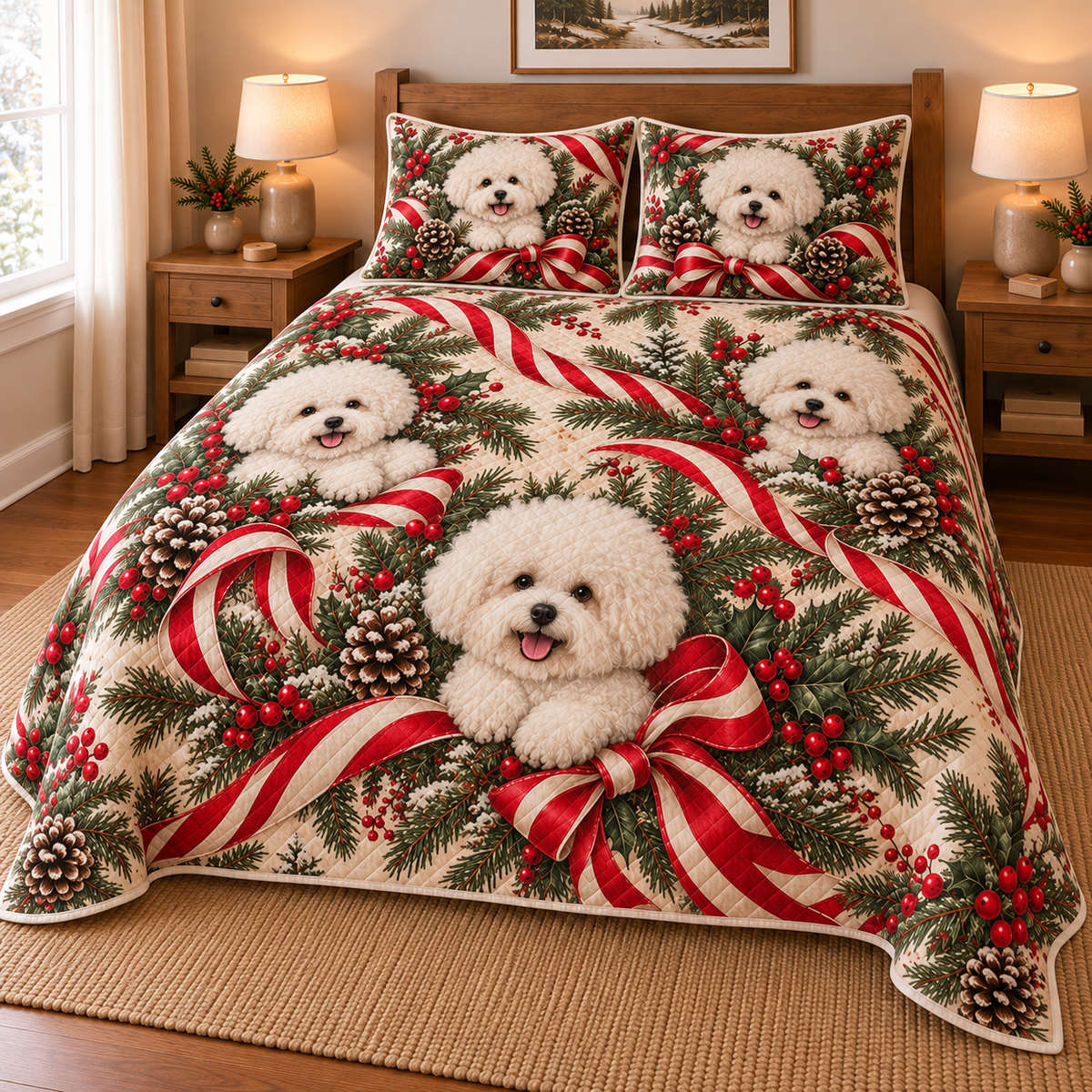 Bichon Frise Peppermint Ribbons Christmas Quilt Set, low side-angle bedroom view