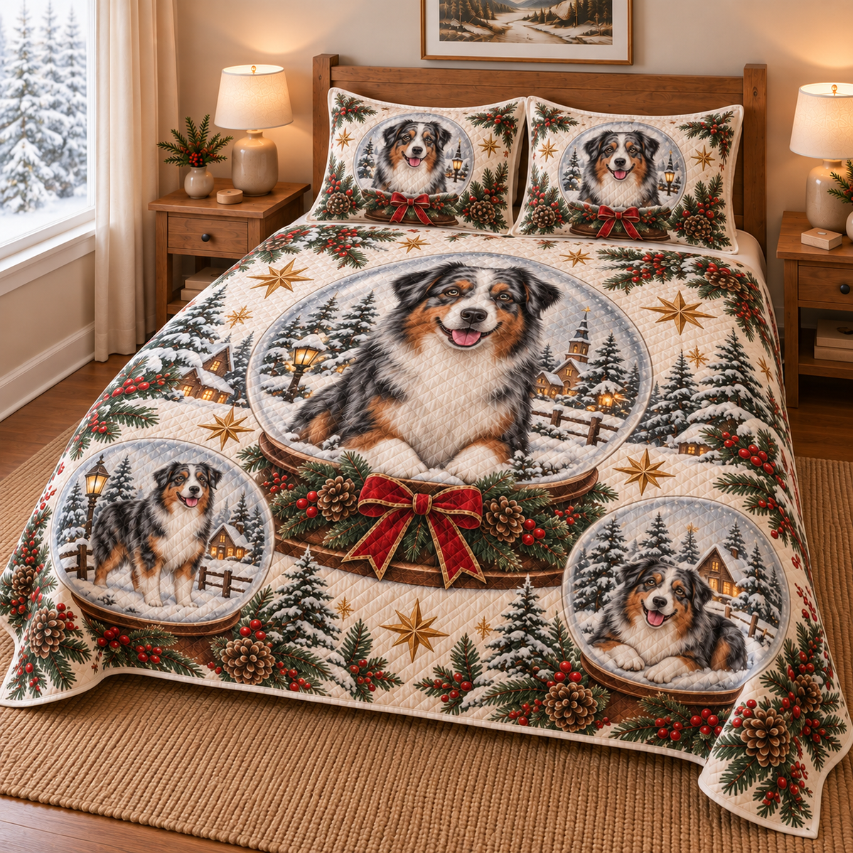 Australian Shepherd Winter Snow Globes Christmas Quilt Set, low side-angle bedroom view