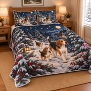 Beagle Starlit Christmas Forest Quilt Set, low side-angle bedroom view