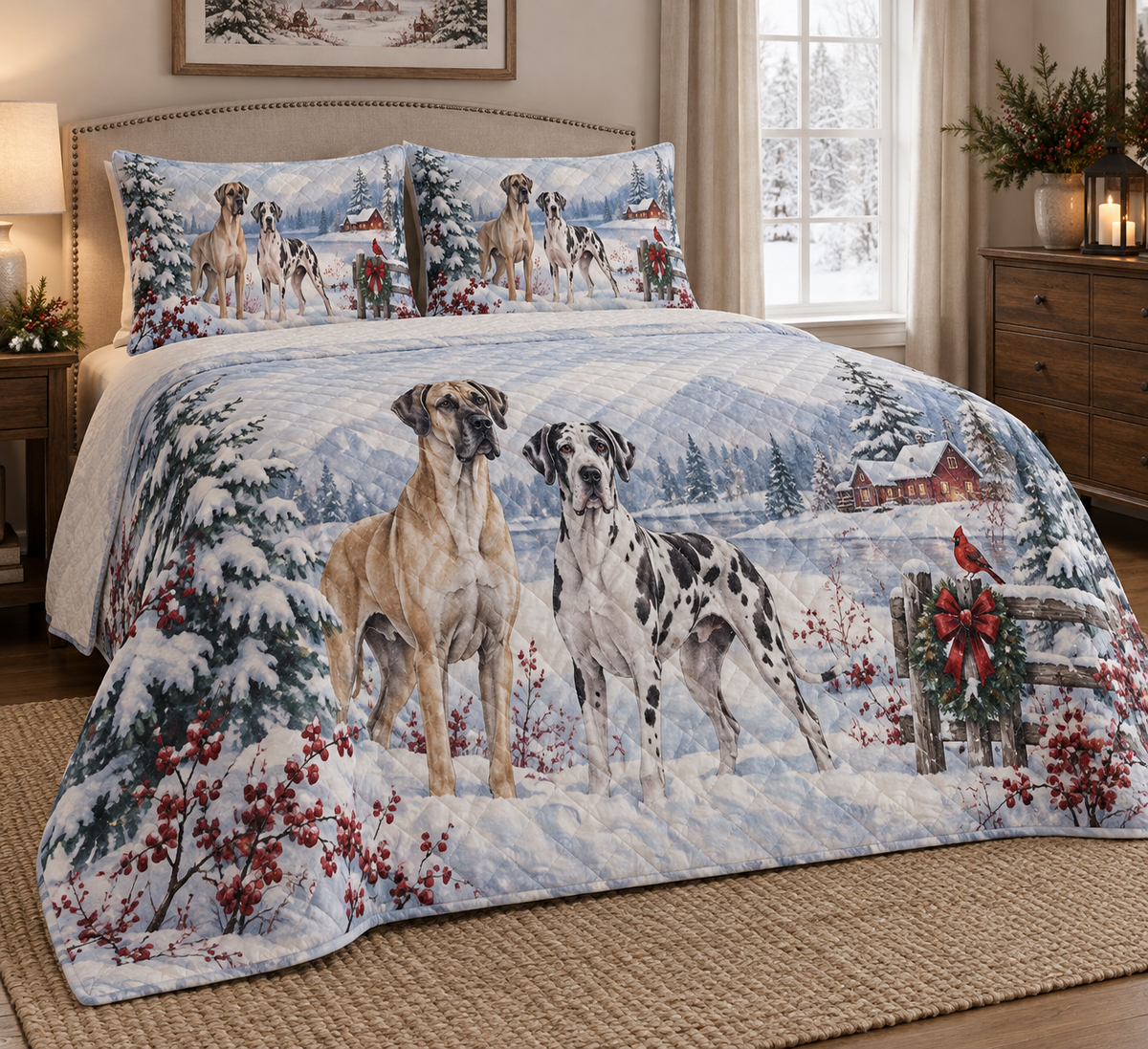 Great Dane Snowy Watercolor Christmas Quilt Set, low side-angle bedroom view