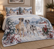 Great Dane Snowy Watercolor Christmas Quilt Set, low side-angle bedroom view