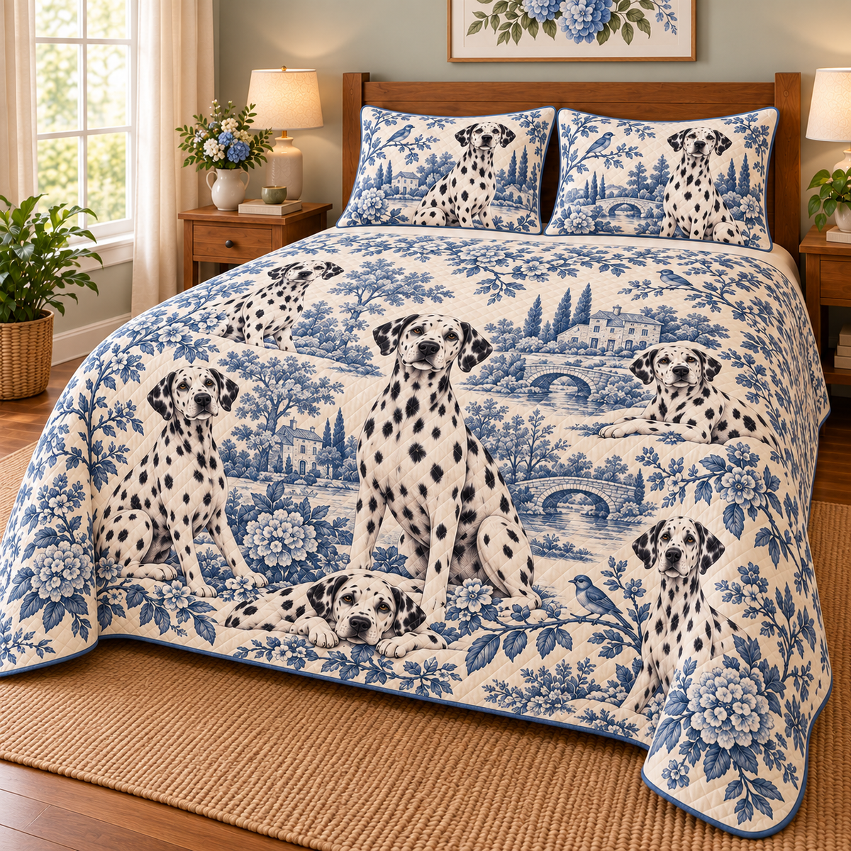 Dalmatian Blue Country Toile Quilt Set, low side-angle bedroom view