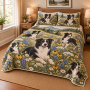 Border Collie Wildflower Meadow Quilt Set, low side-angle bedroom view