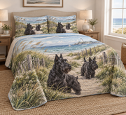 Scottish Terrier Coastal Morning Quilt Set, low side-angle bedroom view