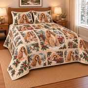 Cocker Spaniel Vintage Christmas Postcards Quilt Set, low side-angle bedroom view