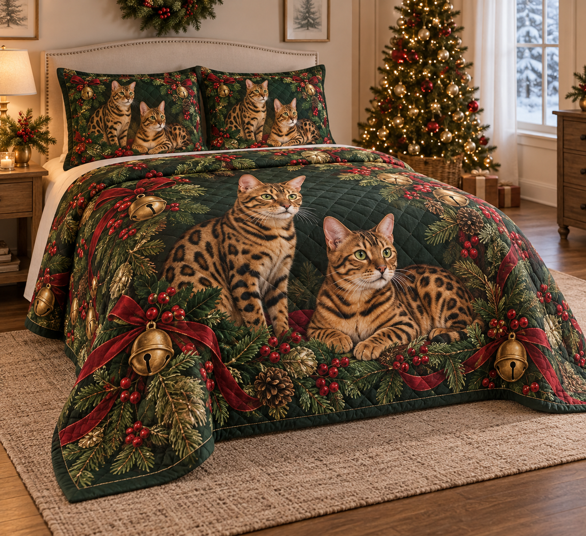 Bengal Cat Christmas Wreath Quilt Set, low side-angle bedroom view