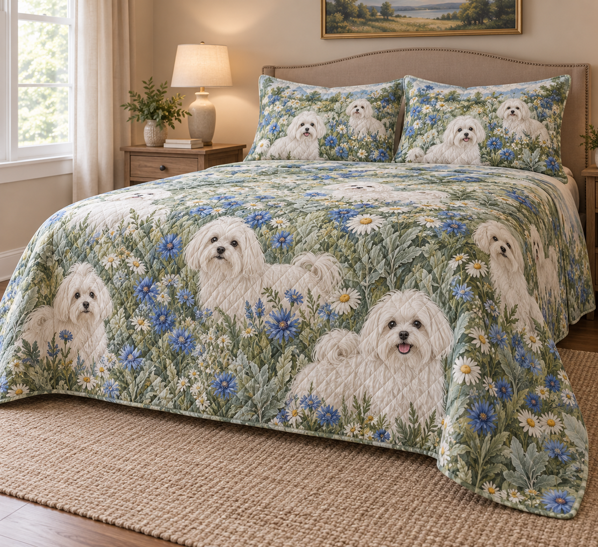 Maltese Wildflower Meadow Quilt Set, low side-angle bedroom view