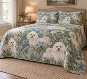 Maltese Wildflower Meadow Quilt Set, low side-angle bedroom view