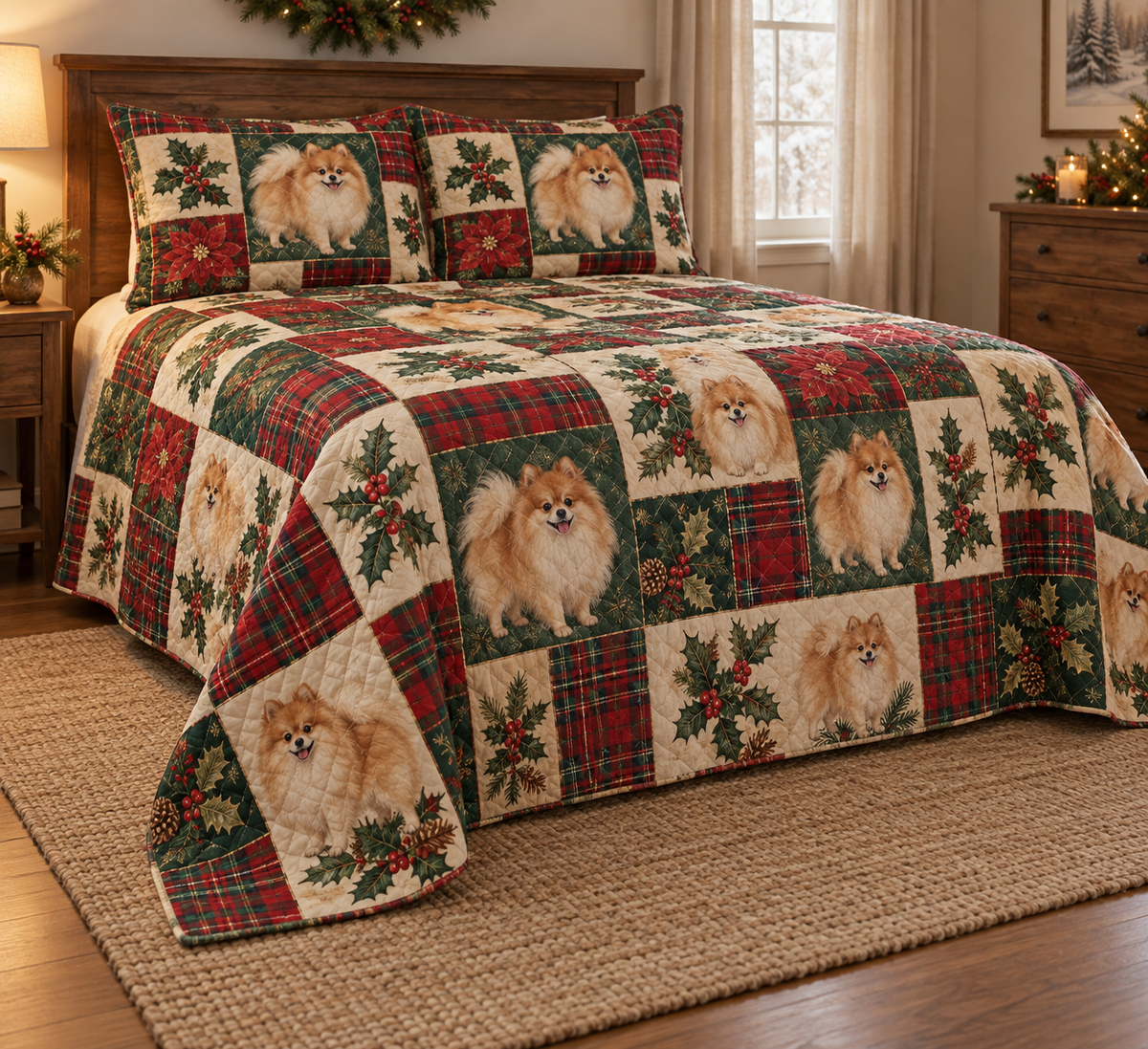 Pomeranian Heritage Tartan Christmas Quilt Set, low side-angle bedroom view