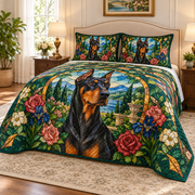Doberman Pinscher Garden Stained Glass Quilt Set, low side-angle bedroom view