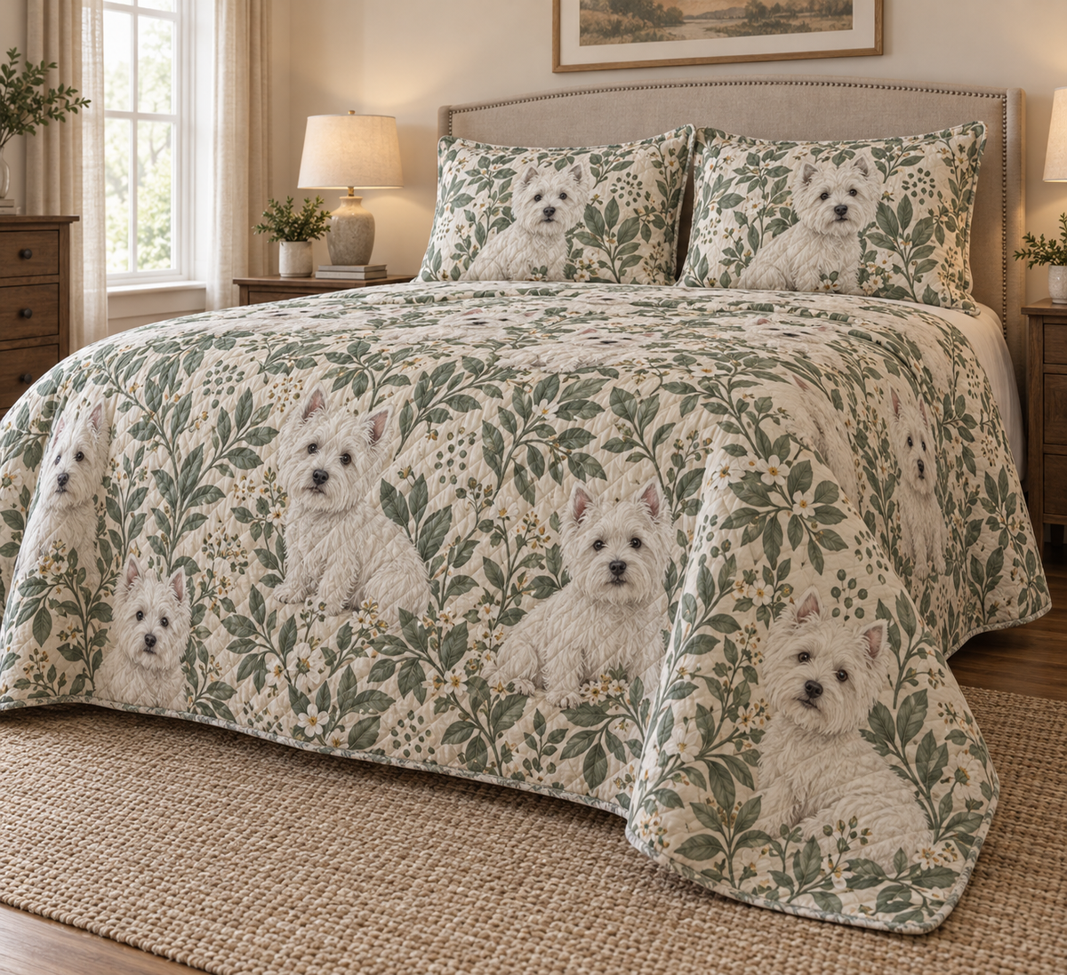 West Highland White Terrier Spotted Botanical Quilt Set, low side-angle bedroom view