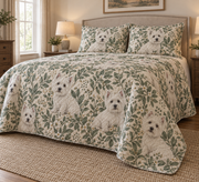 West Highland White Terrier Spotted Botanical Quilt Set, low side-angle bedroom view