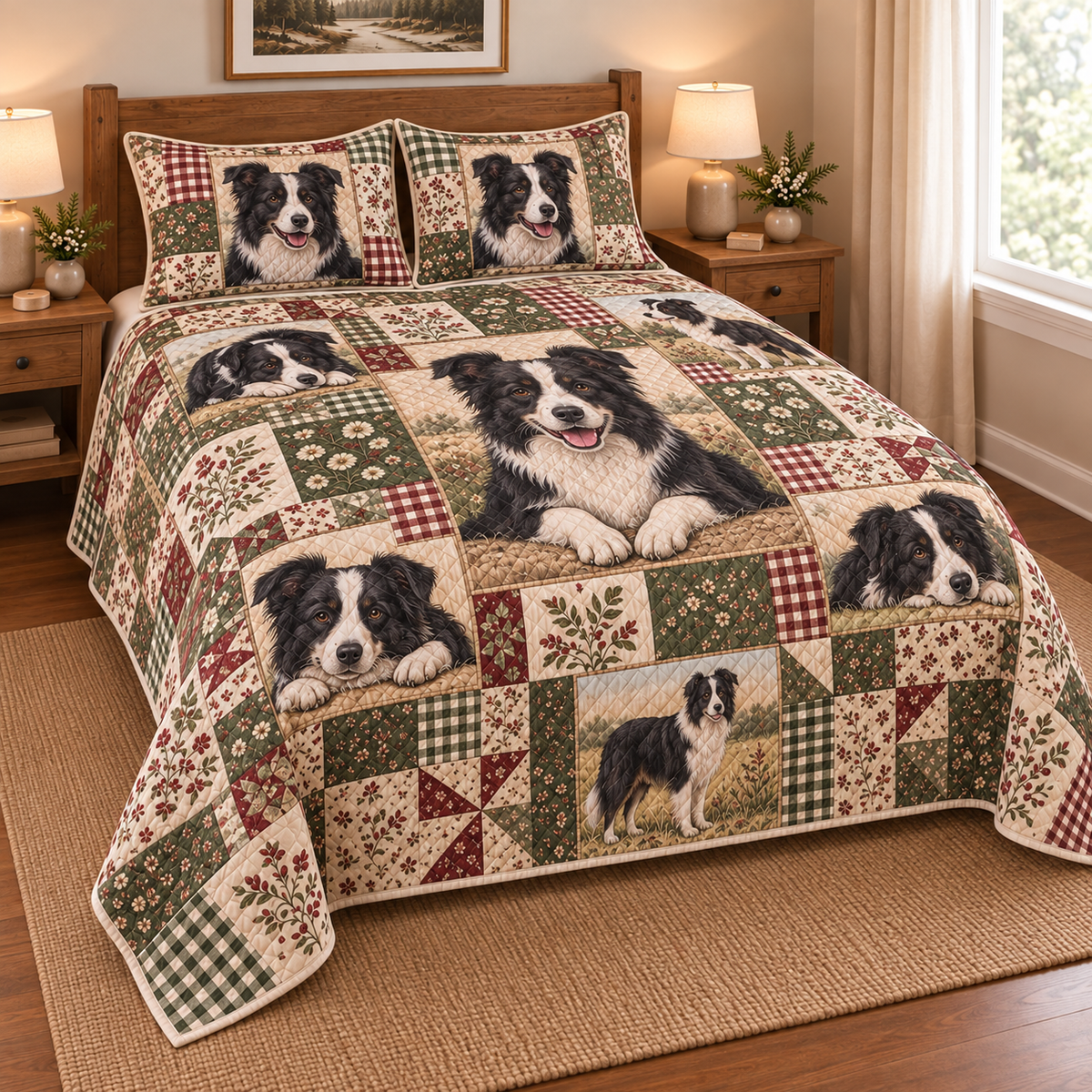 Border Collie Heritage Patchwork Quilt Set, low side-angle bedroom view