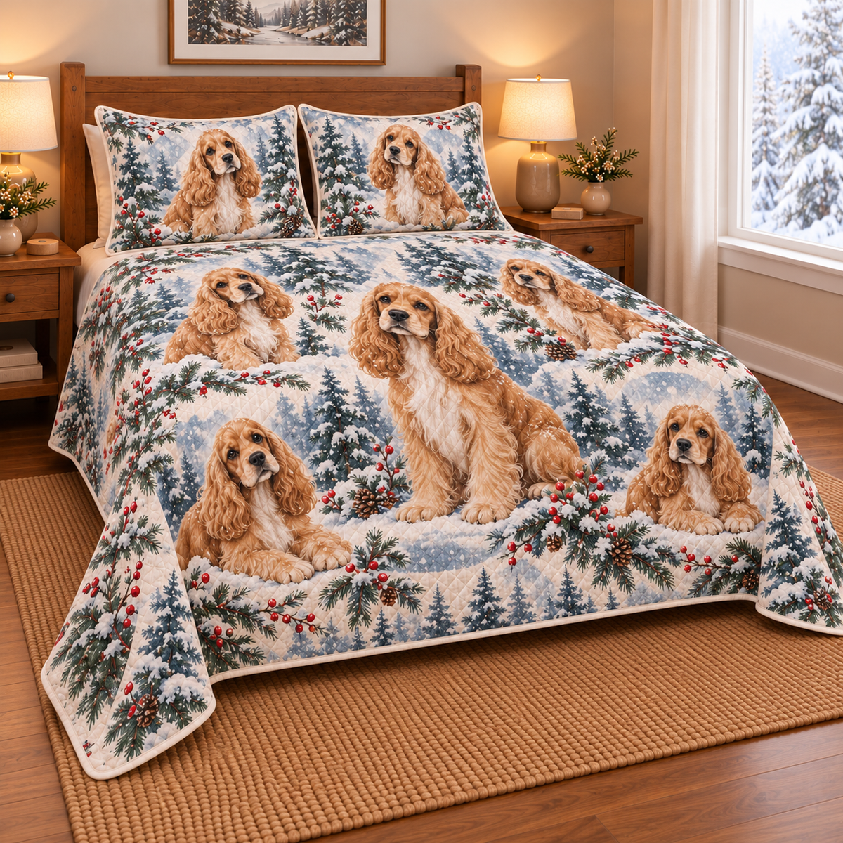 Cocker Spaniel Snowy Watercolor Christmas Quilt Set, low side-angle bedroom view