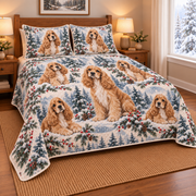 Cocker Spaniel Snowy Watercolor Christmas Quilt Set, low side-angle bedroom view