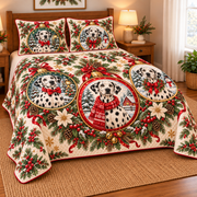 Dalmatian Ornament Medallions Christmas Quilt Set, low side-angle bedroom view