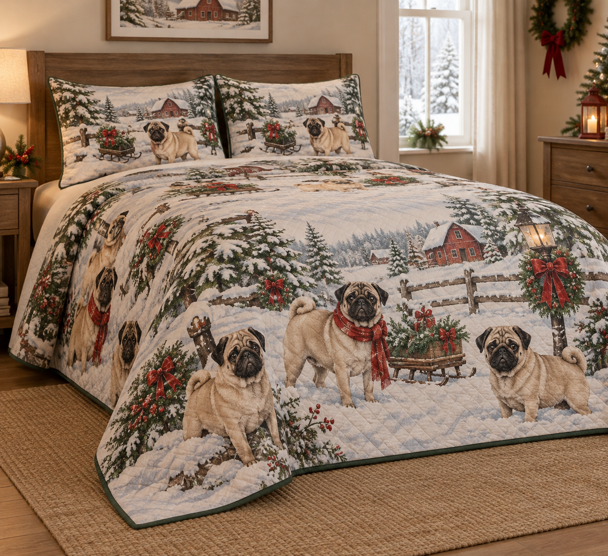 Pug Vintage Postcards Christmas Quilt Set, low side-angle bedroom view
