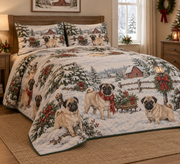 Pug Vintage Postcards Christmas Quilt Set, low side-angle bedroom view