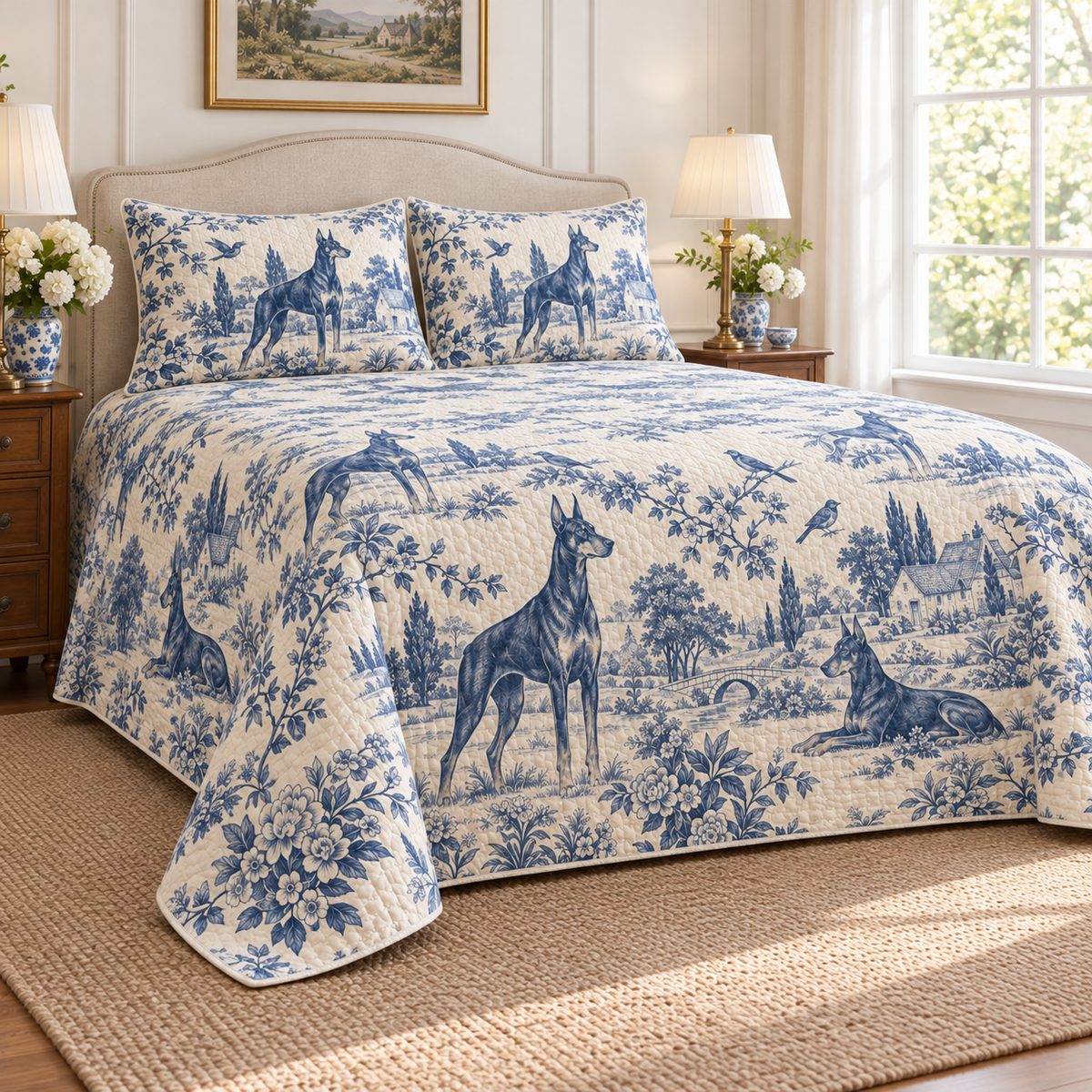 Doberman Pinscher Blue Country Toile Quilt Set, low side-angle bedroom view