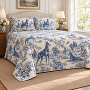 Doberman Pinscher Blue Country Toile Quilt Set, low side-angle bedroom view