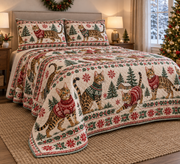 Bengal Cat Cozy Sweater Christmas Quilt Set, low side-angle bedroom view