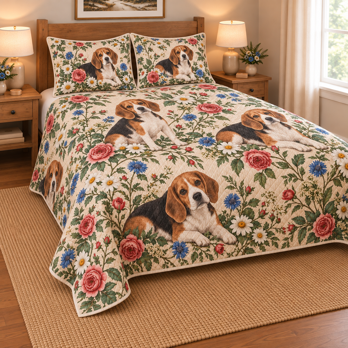 Beagle Cottage Floral Quilt Set, low side-angle bedroom view
