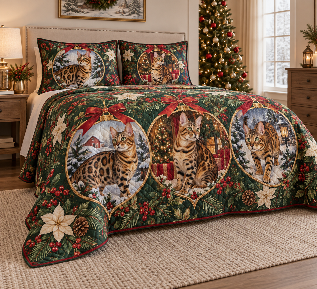 Bengal Cat Ornament Medallions Christmas Quilt Set, low side-angle bedroom view