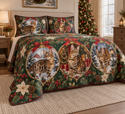 Bengal Cat Ornament Medallions Christmas Quilt Set, low side-angle bedroom view