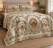 Labradoodle Garden Cameos Quilt Set, low side-angle bedroom view