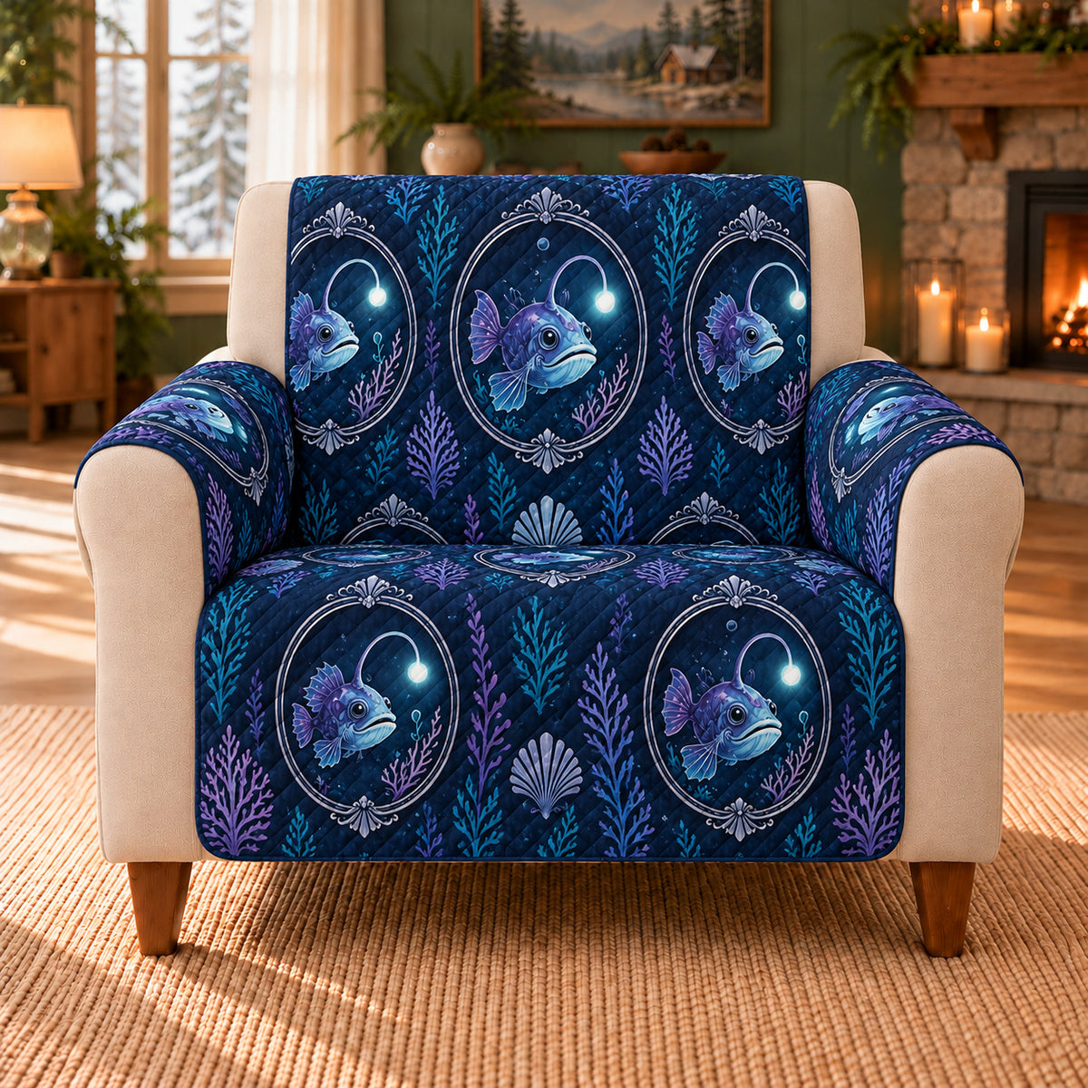 Anglerfish Cove Cameos sofa cover on a beige armchair