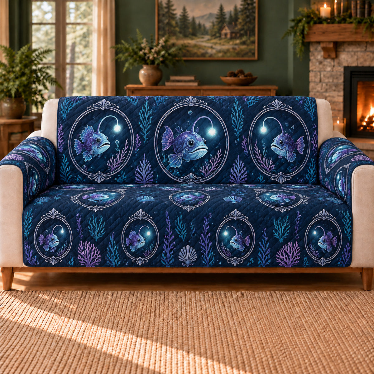 Anglerfish Cove Cameos sofa cover on a beige sofa