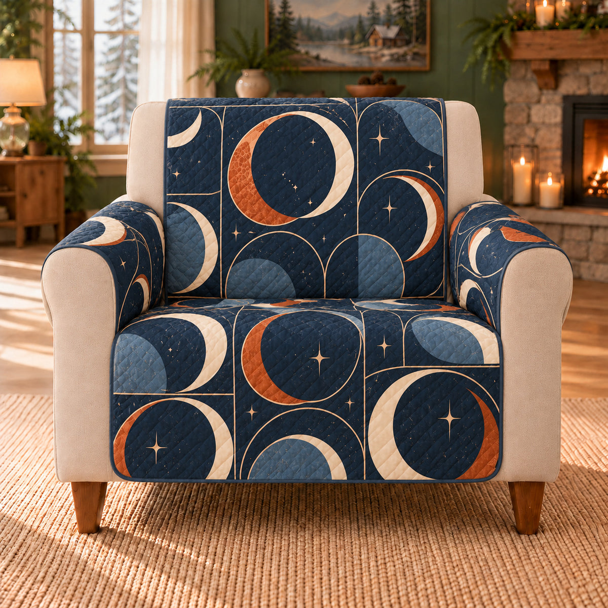 Annular Arc Tiles sofa cover on a beige armchair