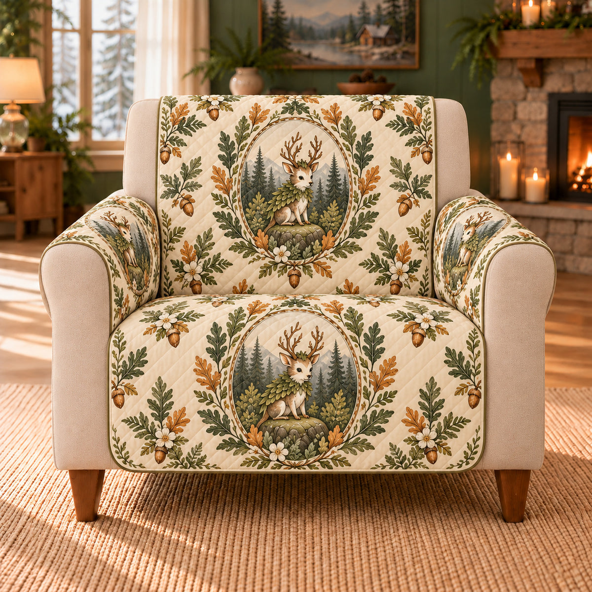 Antler Leaf Guardian Cameos sofa cover on a beige armchair