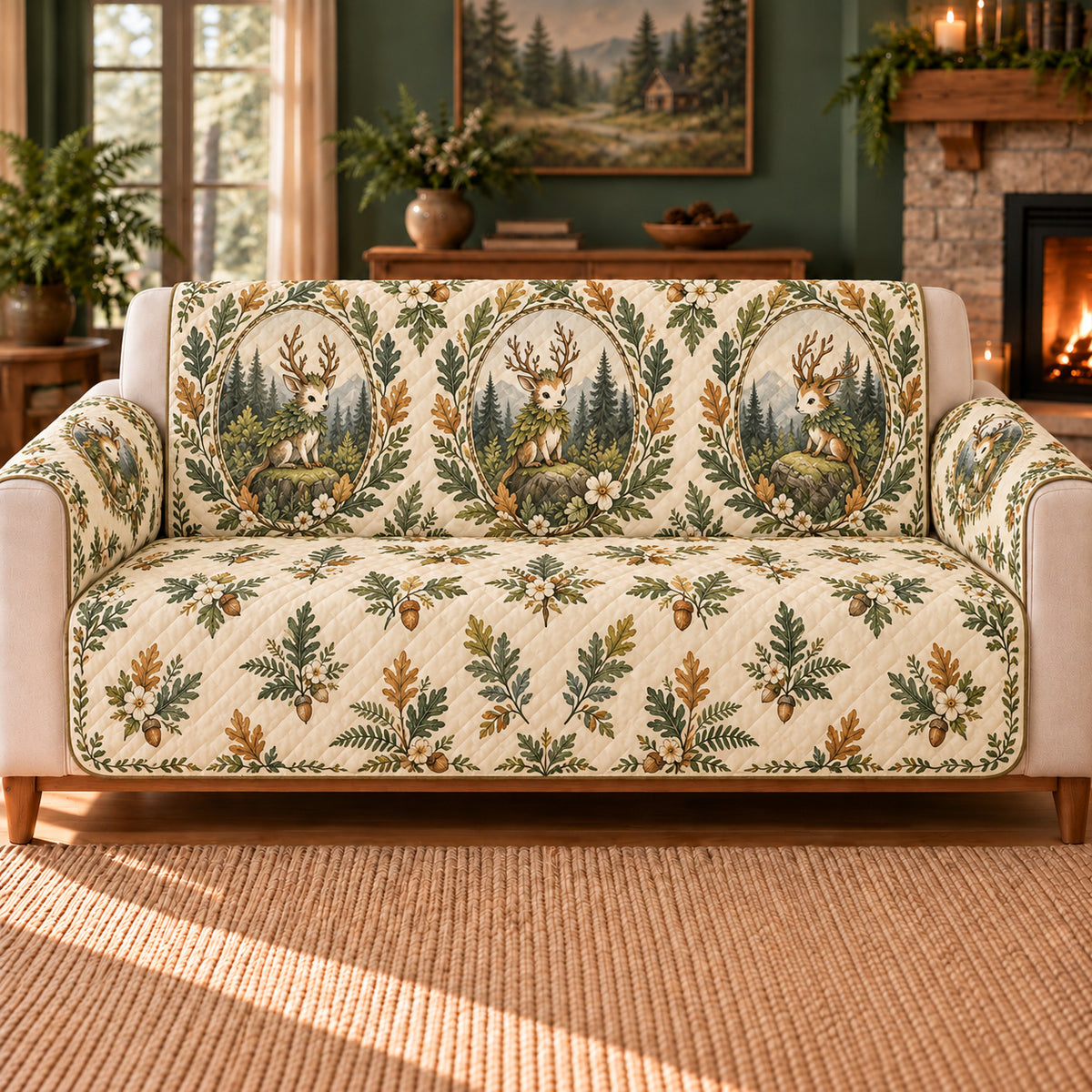 Antler Leaf Guardian Cameos sofa cover on a beige sofa