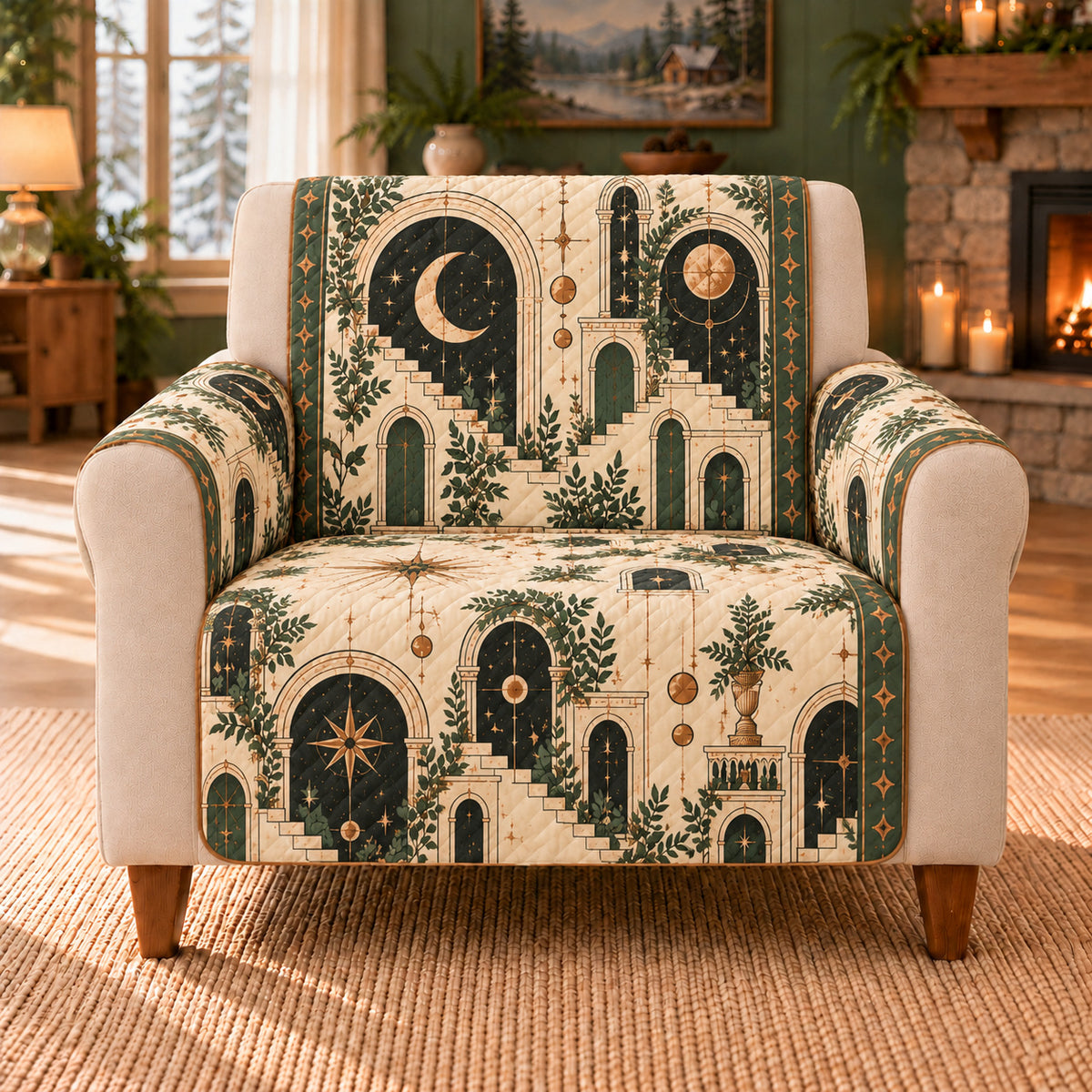 Arcane Stair Tiles sofa cover on a beige armchair