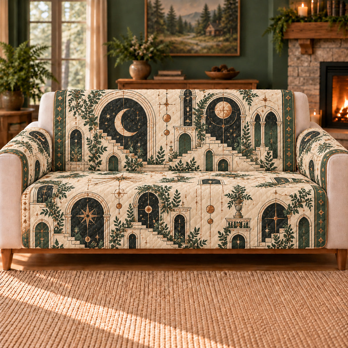 Arcane Stair Tiles sofa cover on a beige sofa