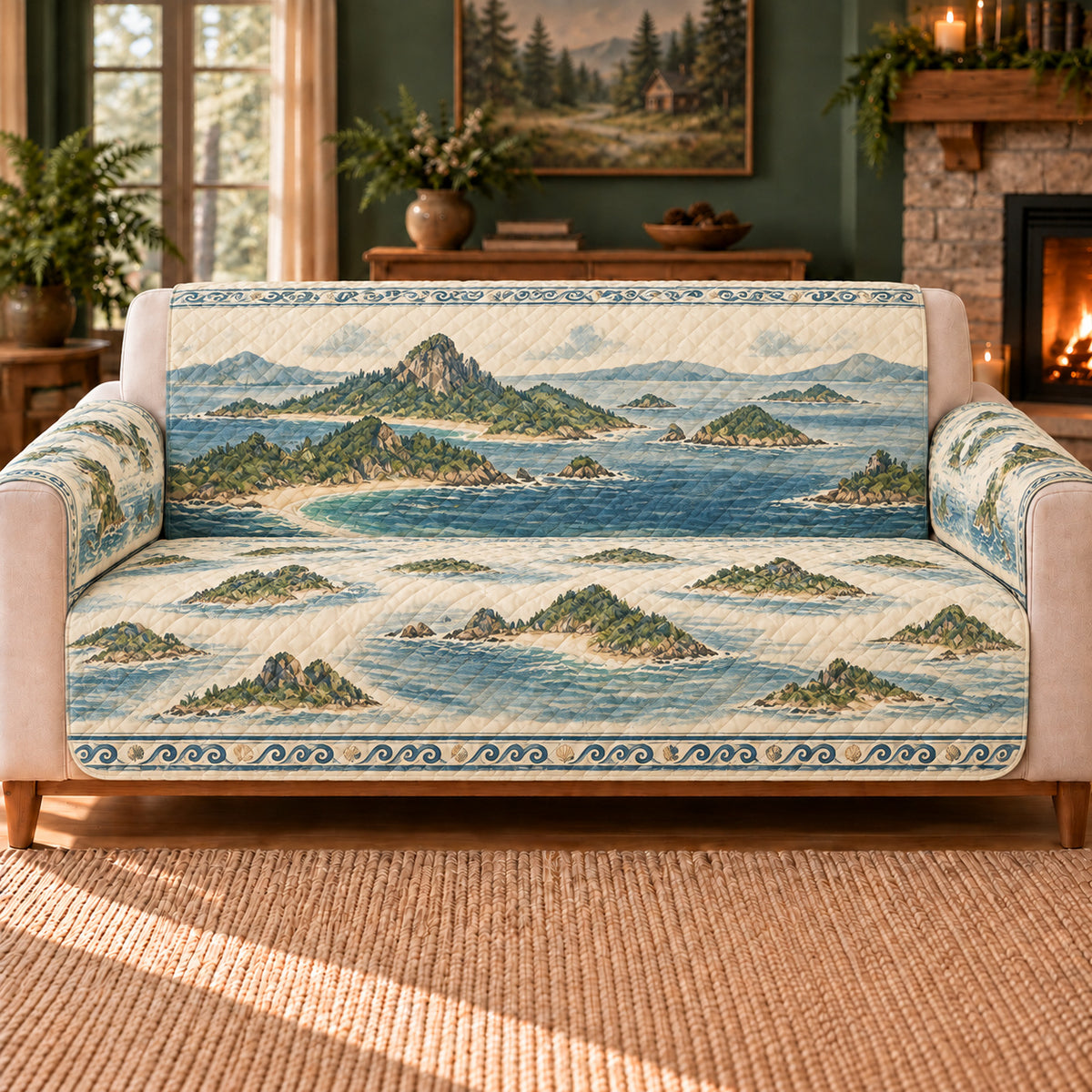 Archipelago Wave Frieze sofa cover on a beige sofa