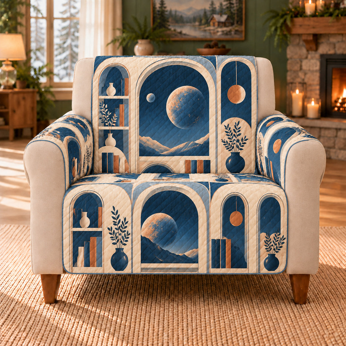 Archive Window Geometry sofa cover on a beige armchair