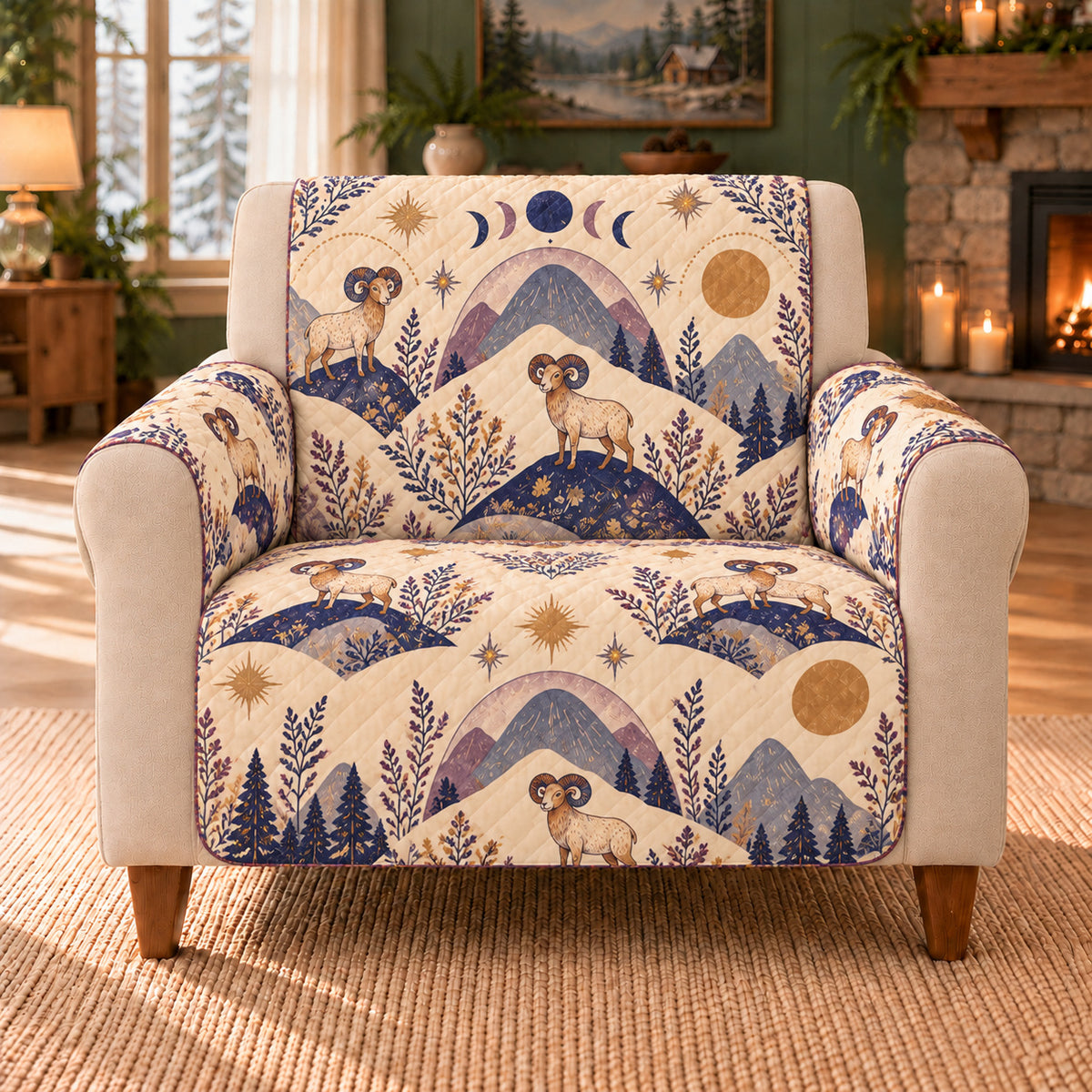 Aries Ridge Repeat sofa cover on a beige armchair