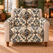 Armillary Leaf Trellis sofa cover on a beige armchair
