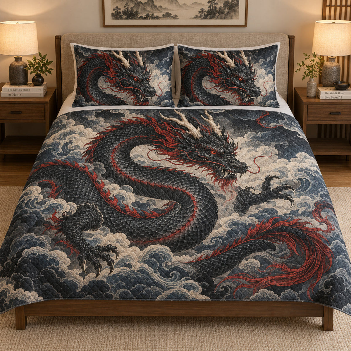 Asian Black Dragon Wave Quilt Set: bedroom mockup showing the quilt design and coordinating pillow shams