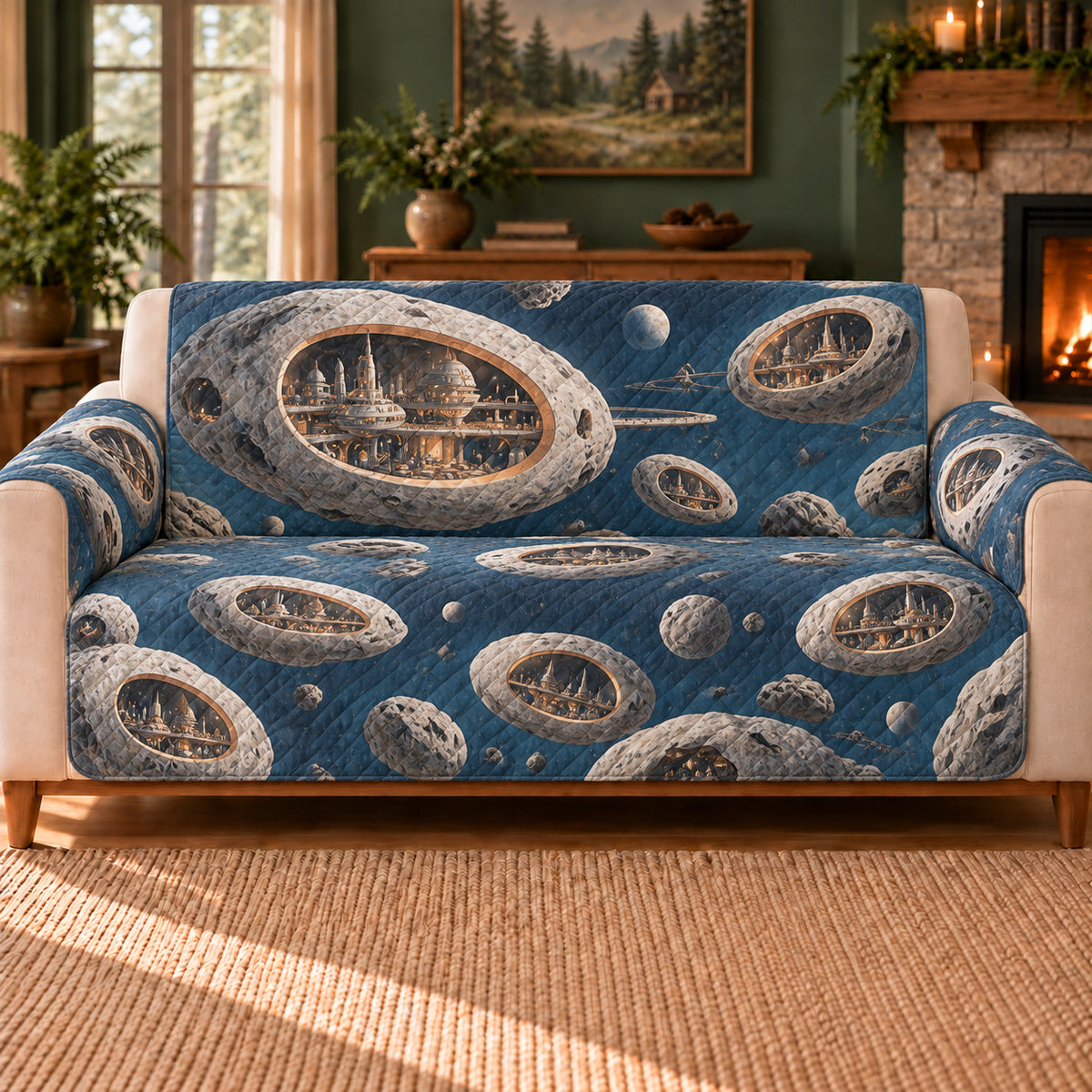 Asteroid Station Ovals sofa cover on a beige sofa
