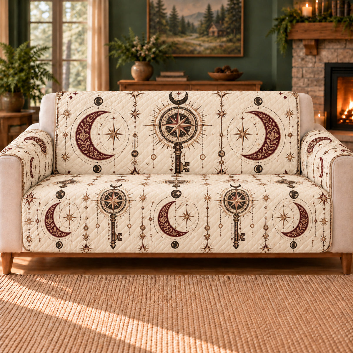 Astral Key Geometry sofa cover on a beige sofa
