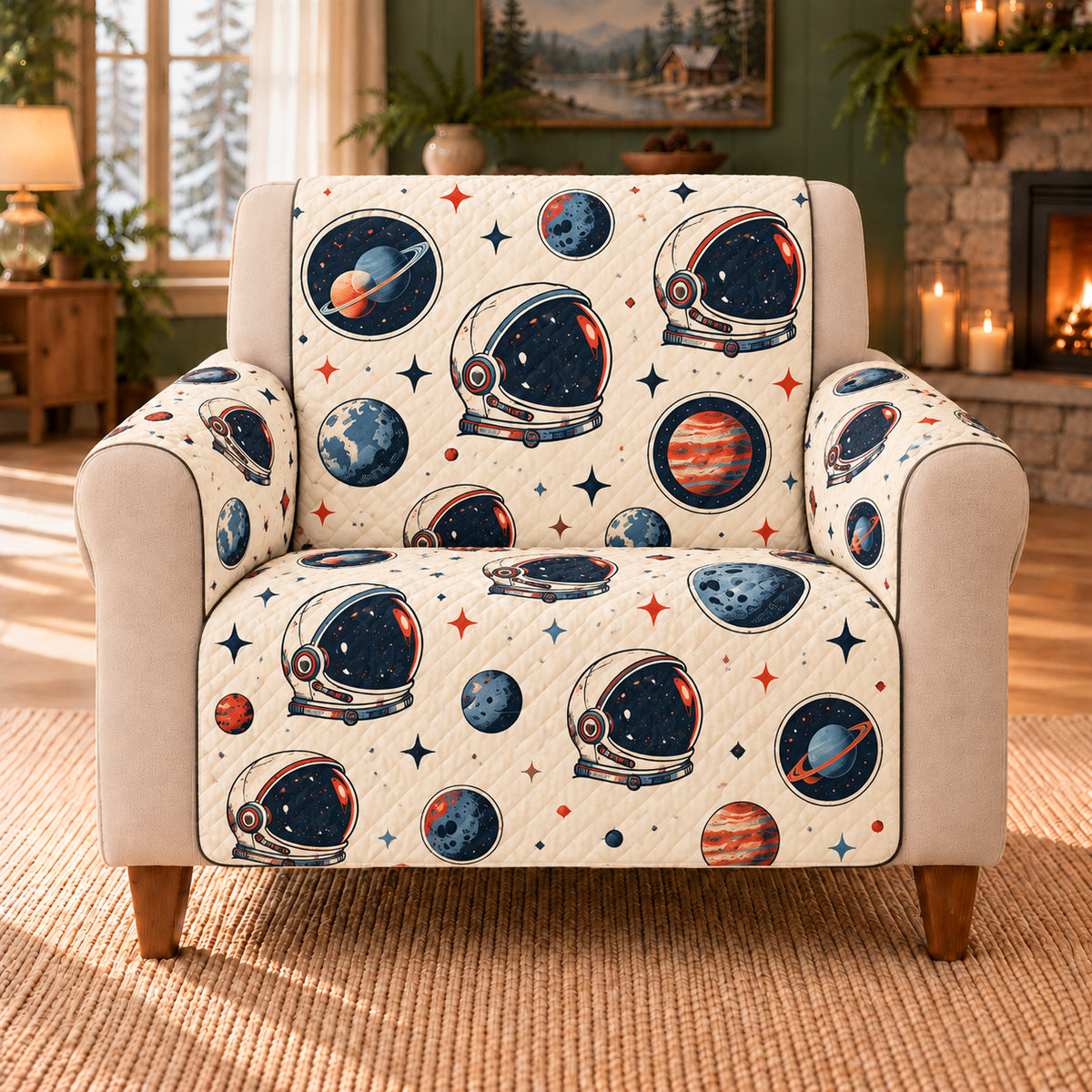Astronaut Helmet Scatter sofa cover on a beige armchair